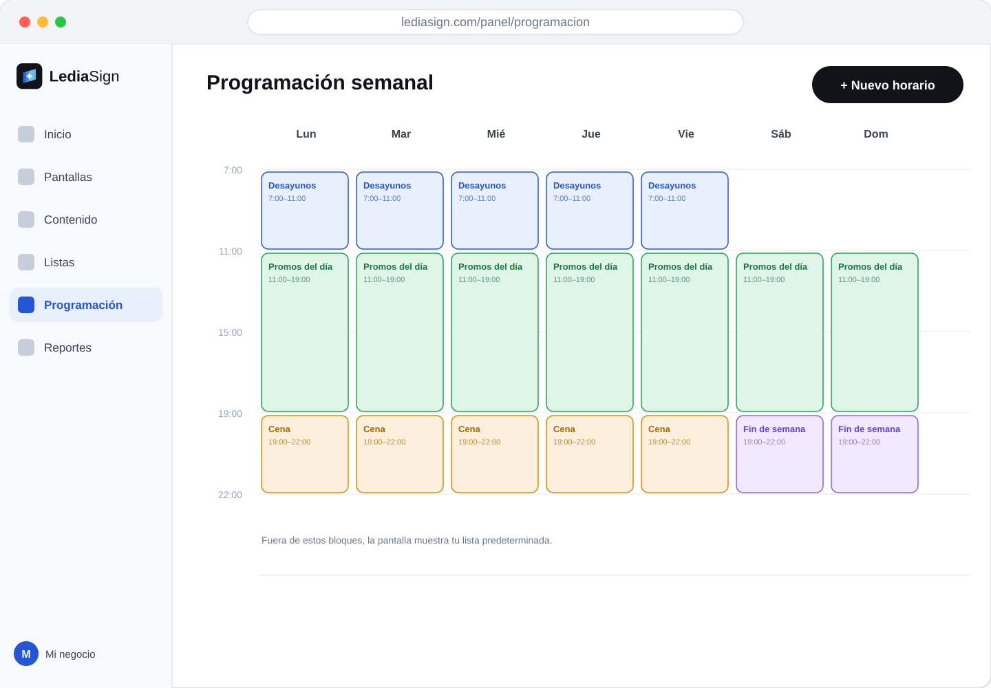 Programa por horario y día